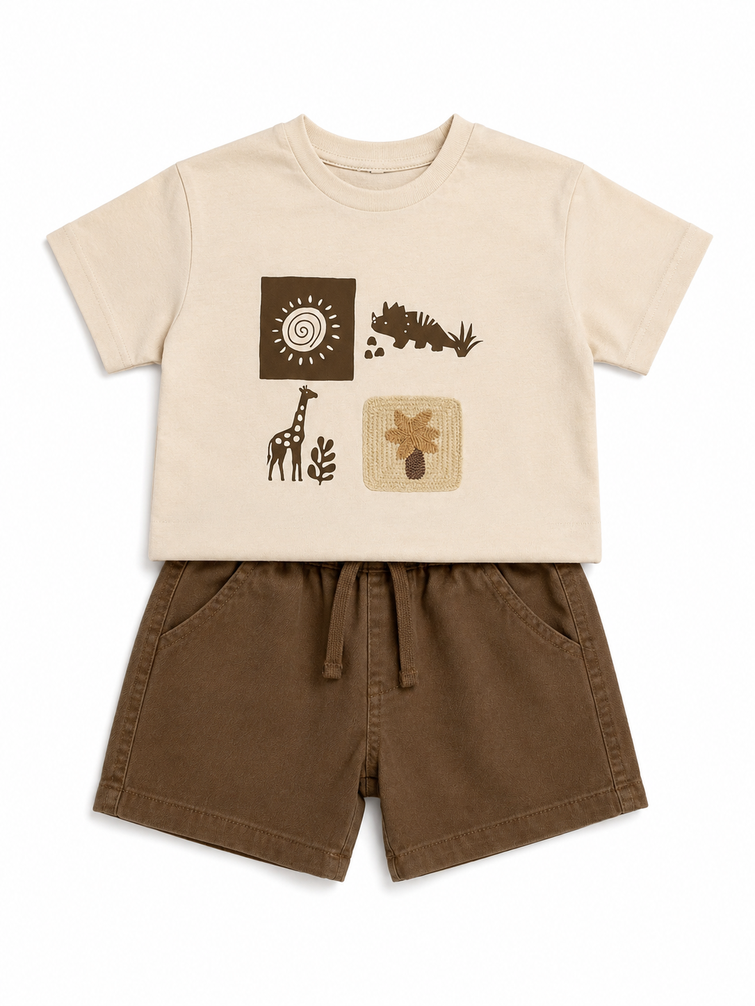 Gabardin Şortlu Dinazorlu Takım 3-7 Yaş Kahve