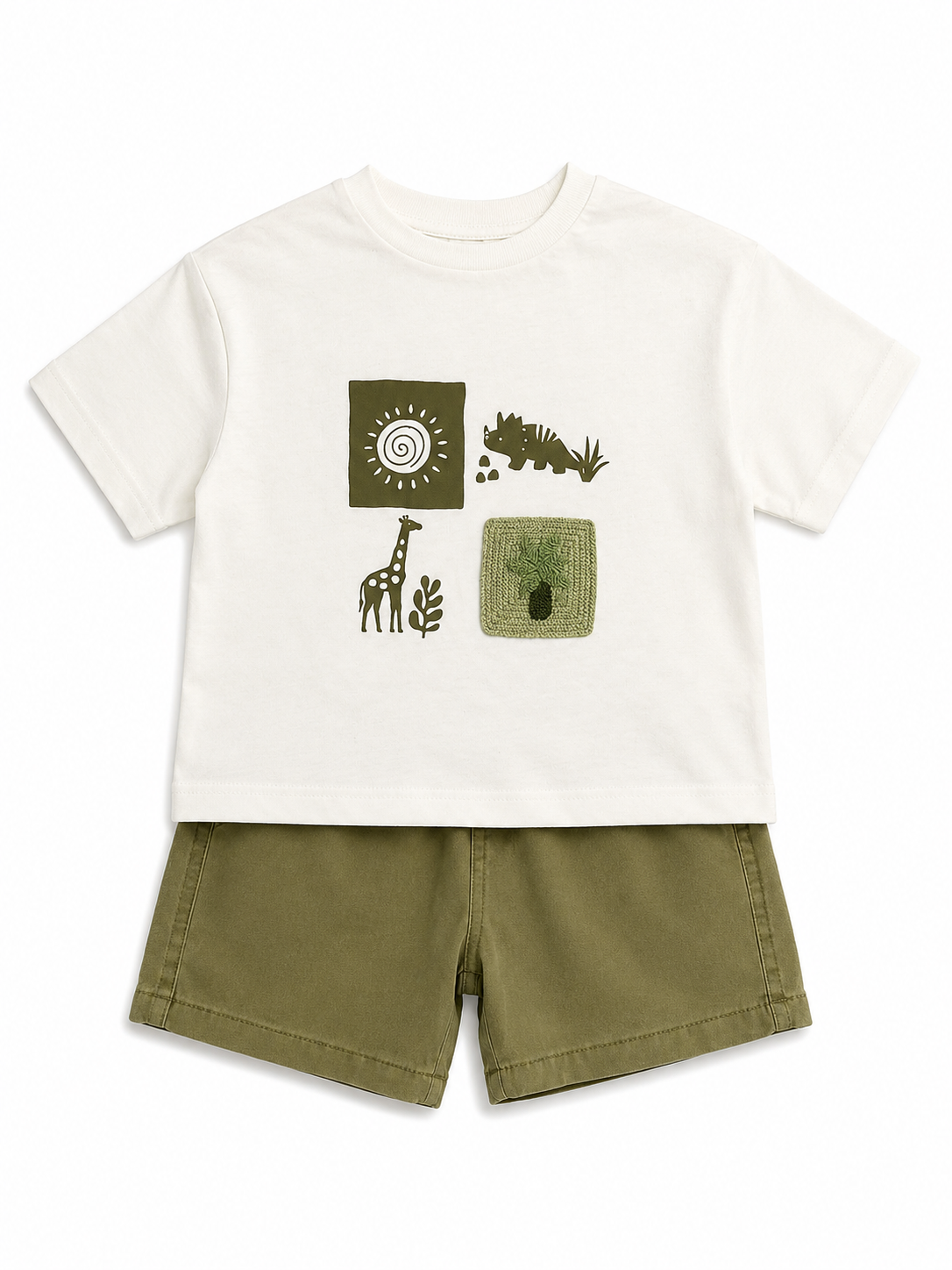 Gabardin Şortlu Dinazorlu Takım 3-7 Yaş Haki