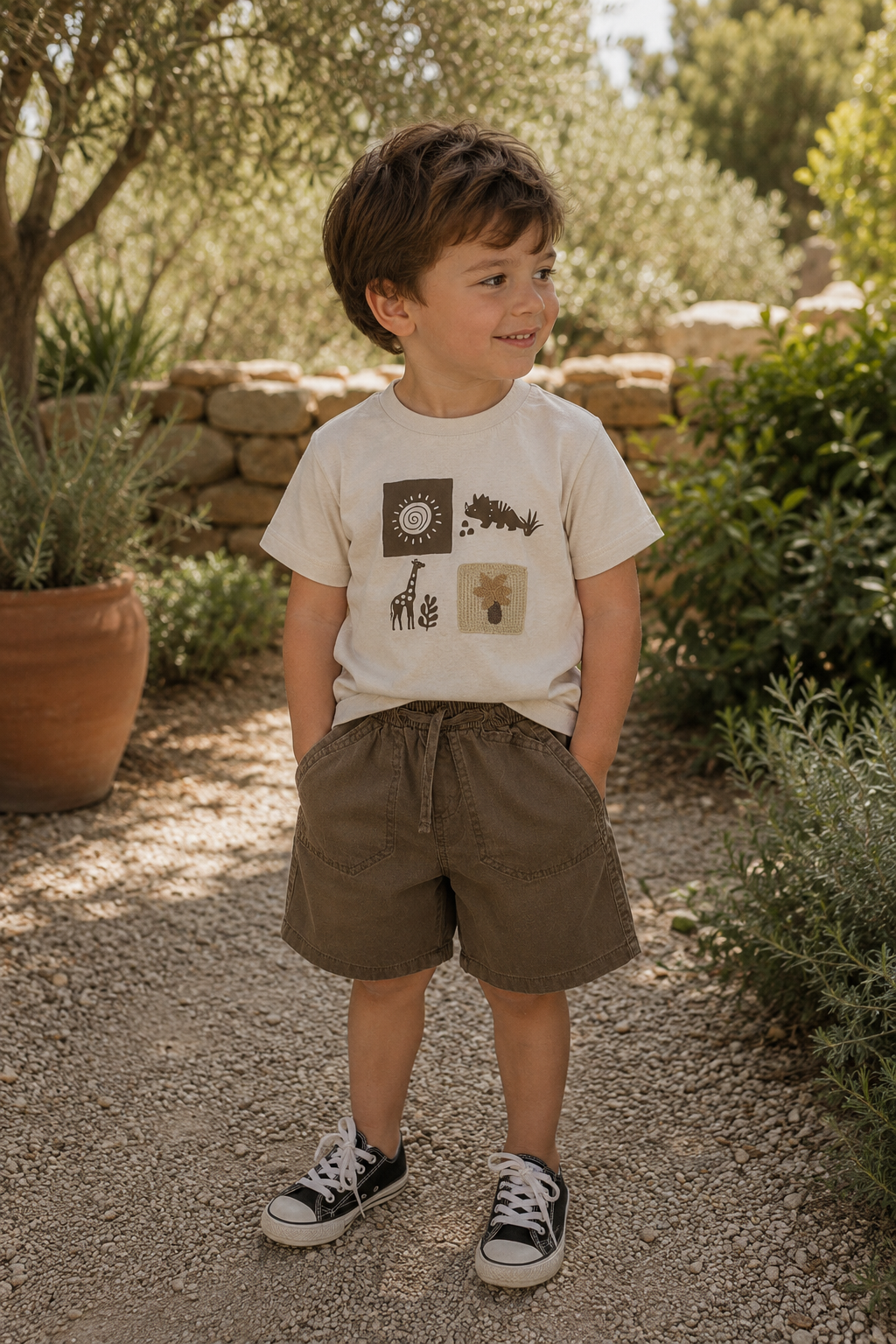 Gabardin Şortlu Dinazorlu Takım 3-7 Yaş Kahve