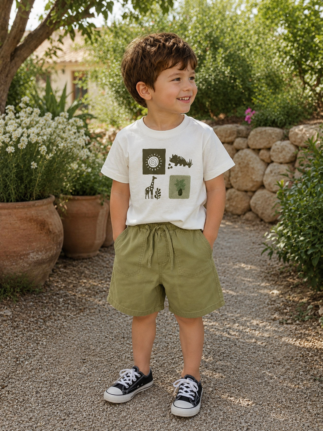 Gabardin Şortlu Dinazorlu Takım 3-7 Yaş Haki