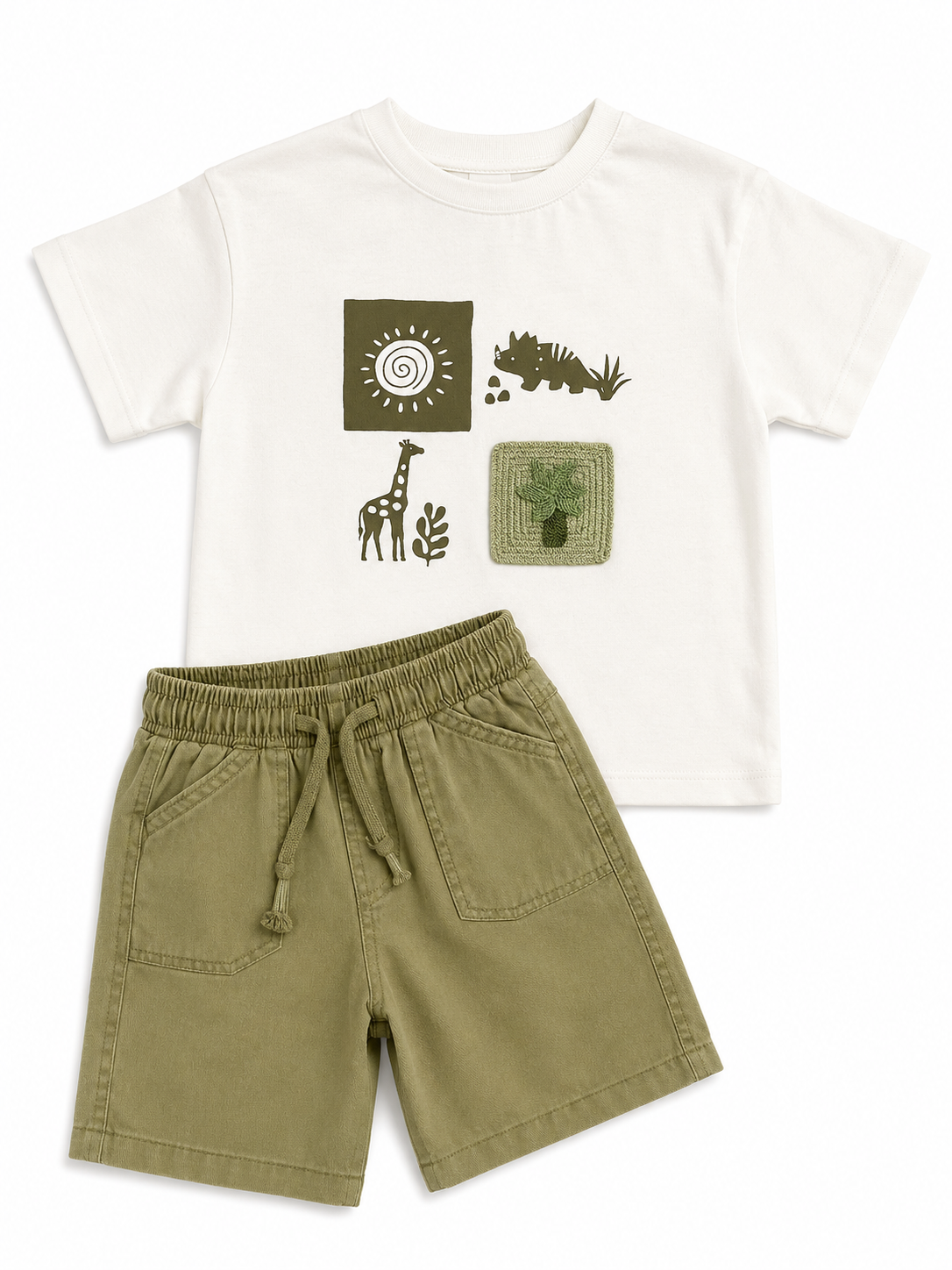 Gabardin Şortlu Dinazorlu Takım 3-7 Yaş Haki